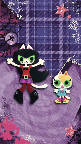 A Purple Plaid Background With Two Cartoon Characters One Of Which Has The Letter X On It GIF