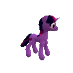 a purple pony with a black and red mane and tail is standing on a white surface .