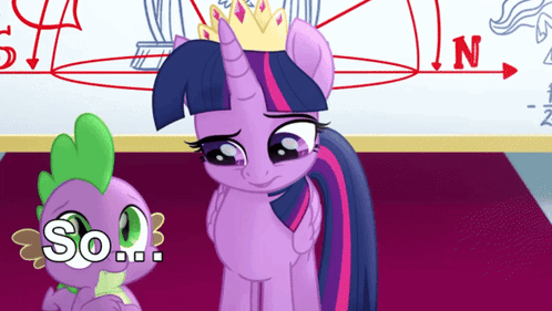 A Purple Pony With A Crown On Her Head Stands Next To A Green Pony With The Word So On It GIF