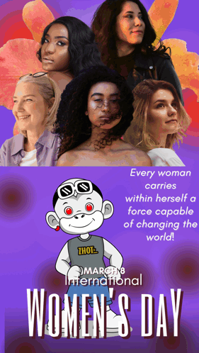 A Purple Poster For Women 'S Day With A Cartoon Character GIF