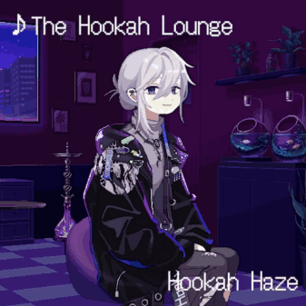 A Purple Poster With A Girl Sitting On A Chair With Hookah Haze Written On It GIF