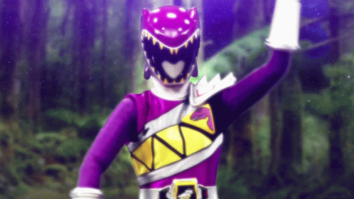 A Purple Power Ranger With A Black Helmet And A Yellow Belt . GIF
