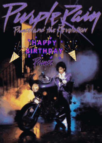 A Purple Rain Album Cover With A Man On A Motorcycle GIF