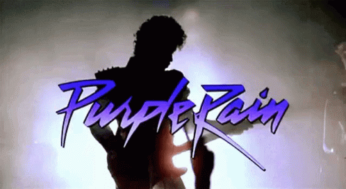 A Purple Rain Logo With A Silhouette Of A Person Holding A Guitar GIF