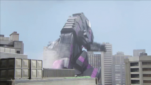 A Purple Robot Is Standing On Top Of A Building In A City GIF