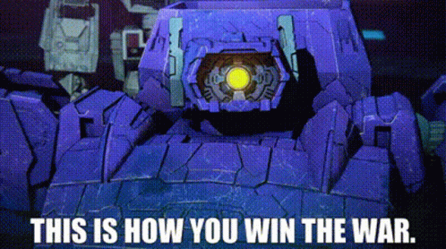 a purple robot with the words `` this is how you win the war '' on it