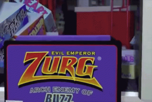 A Purple Sign That Says Evil Emperor Zurg Arch Enemy Of Buzz On It GIF