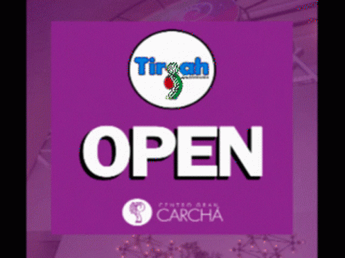 a purple sign that says open with a ticgah logo