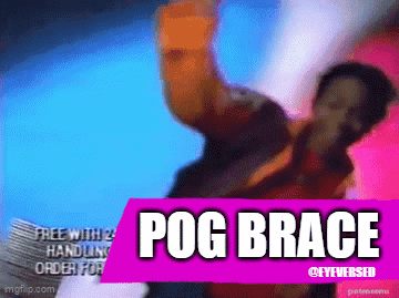 A Purple Sign That Says Pog Brace With A Man In The Background GIF