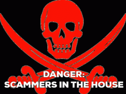 A Purple Skull And Crossed Swords With The Words Danger Scammers In The House Below It GIF