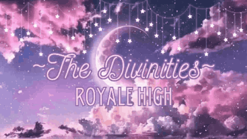 A Purple Sky With A Crescent Moon And The Words `` The Divinities Royale High '' . GIF