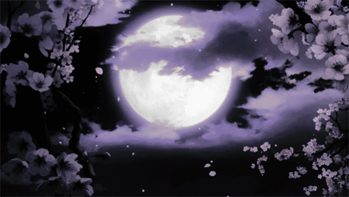A Purple Sky With A Full Moon And Flowers GIF