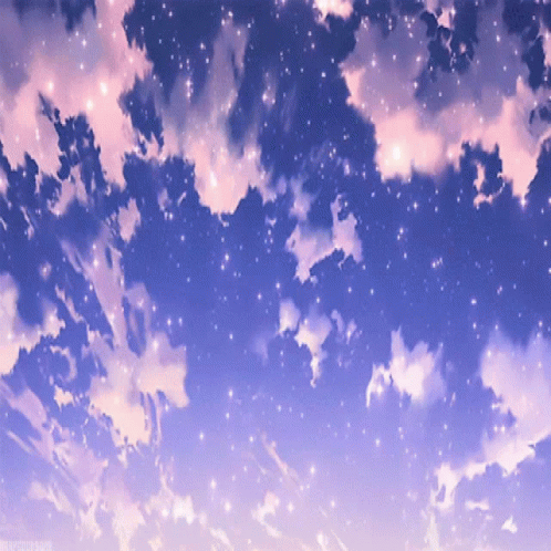 A Purple Sky With Pink Clouds And Stars And A Watermark On The Bottom GIF