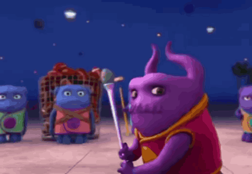 A Purple Stuffed Animal Is Holding A Sword In A Cartoon Scene GIF