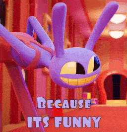 A Purple Stuffed Animal With The Words " Because It 'S Funny " On The Bottom GIF