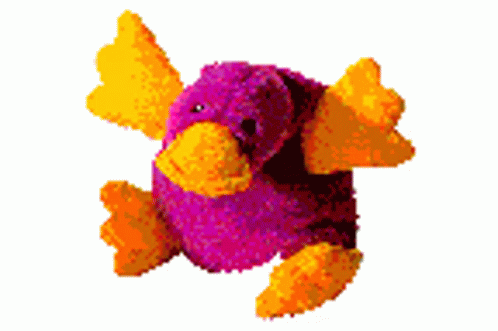 A Purple Stuffed Animal With Yellow Wings Is Sitting On A White Background GIF