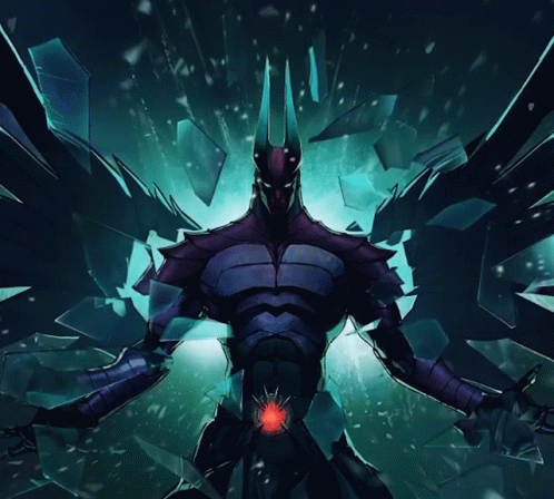 A Purple Superhero With A Red Heart On His Belt Is Surrounded By Broken Glass GIF