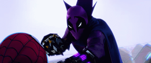 A Purple Superhero With Spikes On His Gloves Is Standing Next To A Red Spiderman GIF