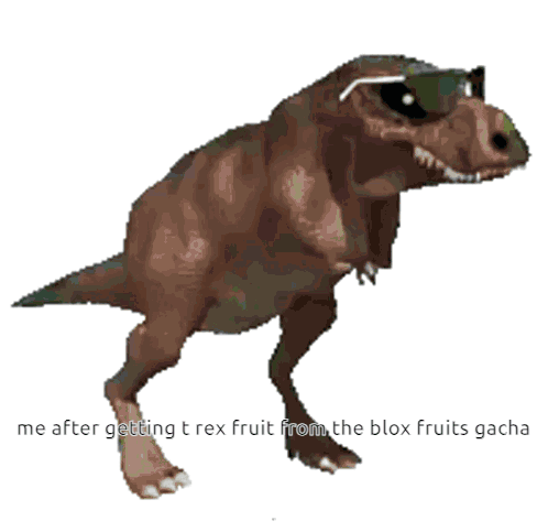 A Purple T-Rex Wearing Sunglasses Says " The After Getting T Rex Fruit From The Blox Fruits Gacha GIF
