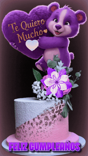 A Purple Teddy Bear Is Holding A Heart On Top Of A Pink And White Cake GIF