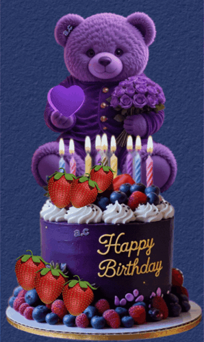 a purple teddy bear is sitting on top of a purple cake that says happy birthday