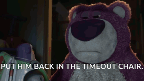 A Purple Teddy Bear With The Words Put Him Back In The Timeout Chair Below It GIF
