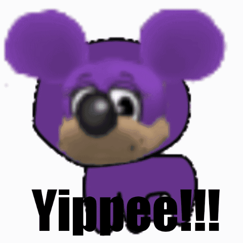 A Purple Teddy Bear With The Words Yippee Written On It GIF