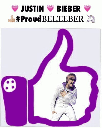 A Purple Thumbs Up Sign With Justin And Bieber On It GIF