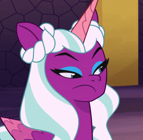 A Purple Unicorn With A Braided Mane And A Pink Horn Making An Angry Face GIF