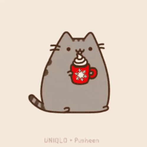 A Pusheen Cat Is Holding A Cup Of Hot Chocolate GIF
