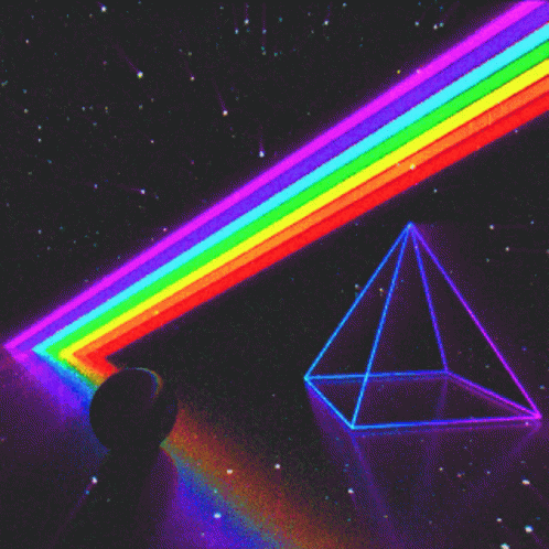 A Pyramid With A Rainbow Colored Beam Coming Out Of It GIF