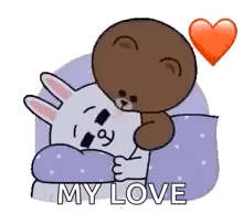 A Rabbit And A Bear Are Hugging Each Other In Bed . GIF