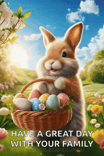 A Rabbit Is Holding A Basket Full Of Easter Eggs GIF