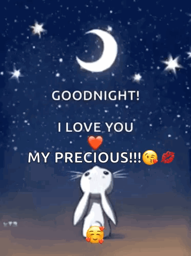 A Rabbit Is Holding A Heart In Front Of A Crescent Moon And Says Goodnight I Love You My Precious !!! GIF