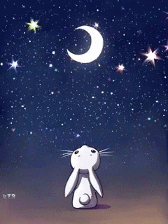A Rabbit Looking Up At A Crescent Moon And Stars GIF