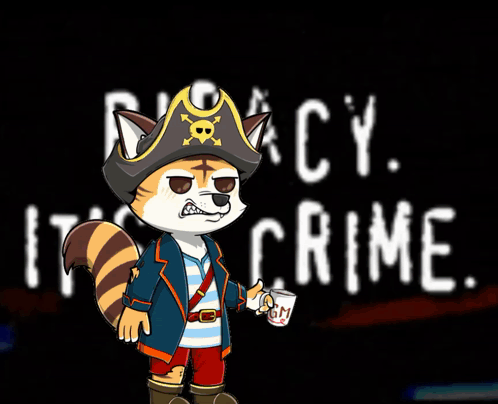 A Raccoon In A Pirate Costume Is Holding A Cup In Front Of A Sign That Says " Privacy Crime " GIF