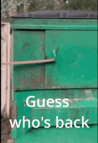 A Raccoon Looking Out Of A Green Dumpster With The Words Guess Who 'S Back GIF