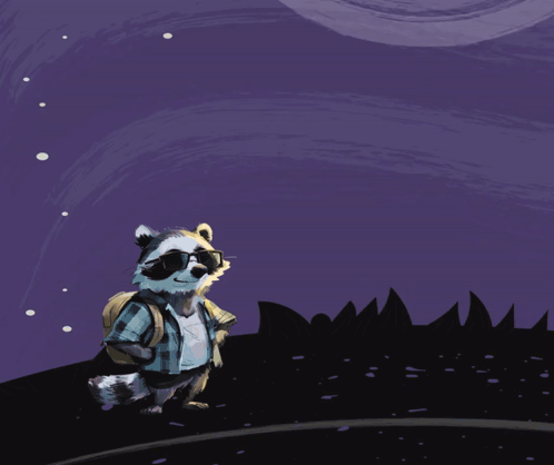 a raccoon wearing sunglasses and a backpack stands in front of a full moon with the words spooky bad ga