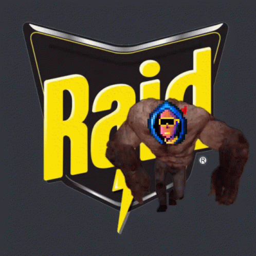 A Raid Logo With A Pixelated Monster In The Background GIF