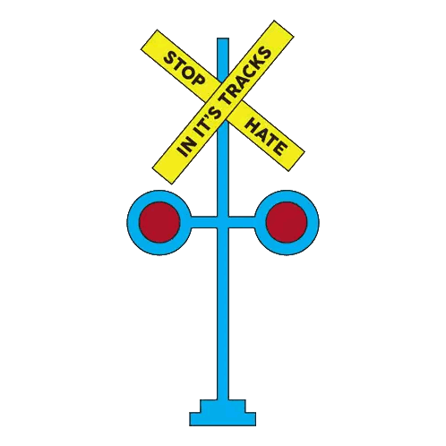 a railroad crossing sign says stop in it 's tracks and hate