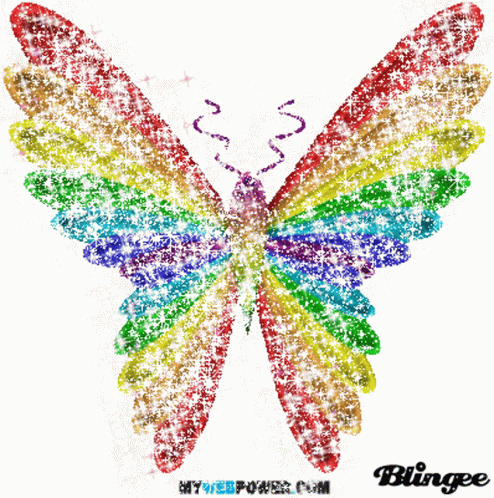A Rainbow Colored Butterfly With The Words Blingee On The Bottom GIF