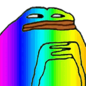 a rainbow colored cartoon character with a hand on its face