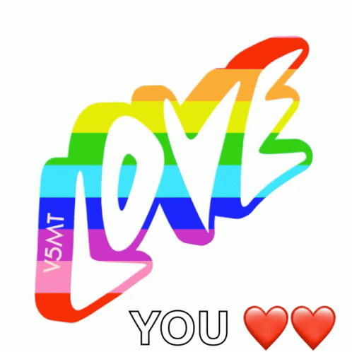 A Rainbow Colored Love You Sign With Two Hearts GIF