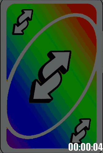 A Rainbow Colored Uno Card With Two White Arrows Pointing In Opposite Directions GIF