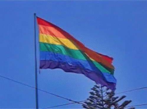 A Rainbow Flag Is Flying In A Blue Sky GIF