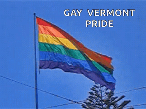 A Rainbow Flag Is Waving In The Wind With The Words Gay Vermont Pride Above It GIF