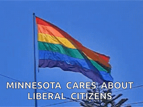 A Rainbow Flag Waving In The Wind With The Words Minnesota Cares About Liberal Citizens Below It GIF