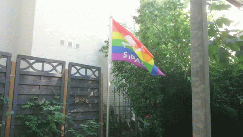 A Rainbow Flag With The Word Sida On It Is Flying In Front Of A Fence GIF