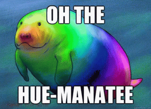 A Rainbow Sea Otter With The Words Oh The Hue-Manatee GIF