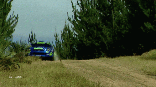 A Rally Car Is Driving Down A Dirt Road With The Word Fia On The Bottom Left GIF